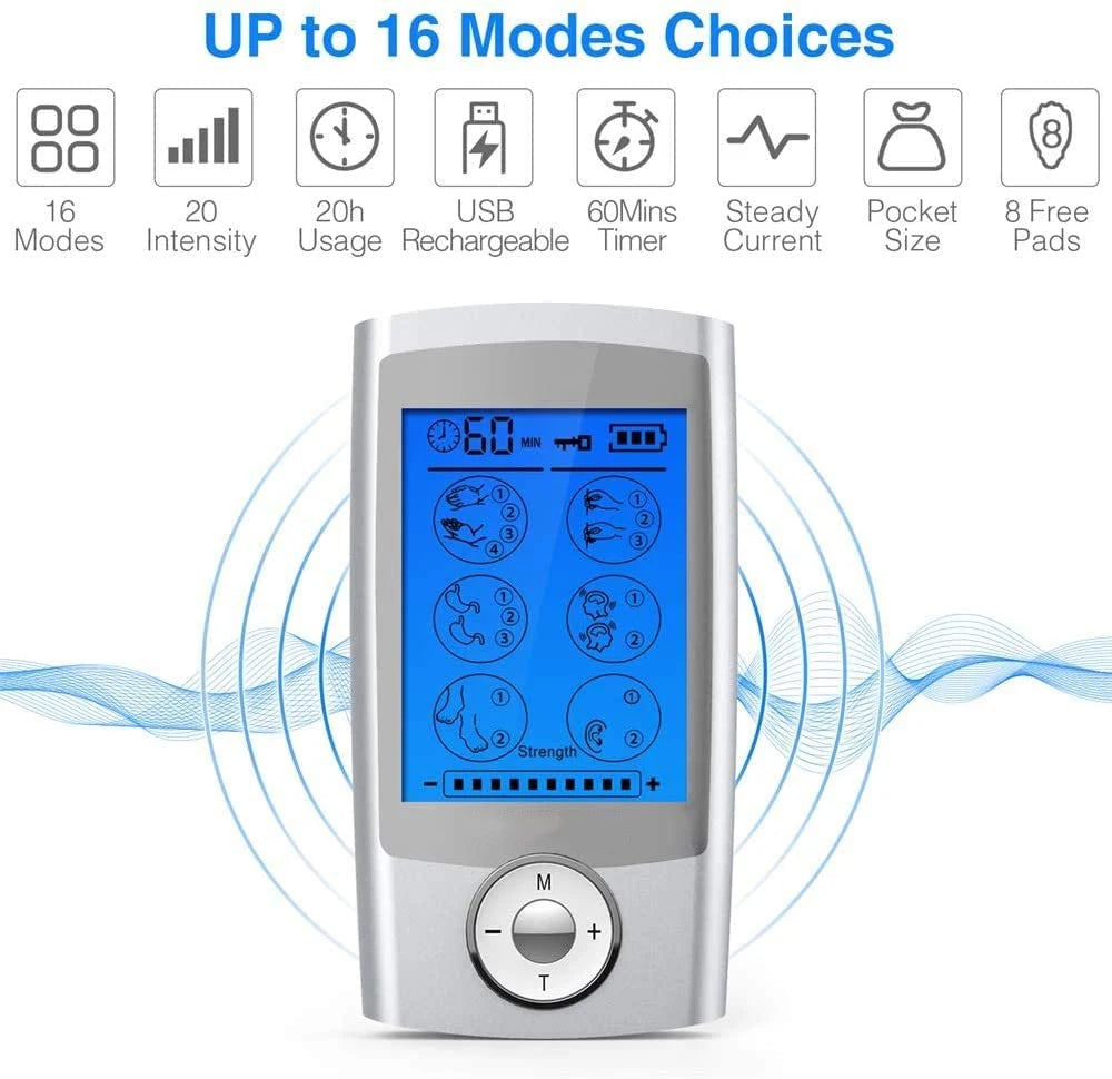 TENS Unit Muscle Stimulator | 16 Modes, Dual Output, Rechargeable EMS Massager for Pain Relief – Back, Neck, Legs