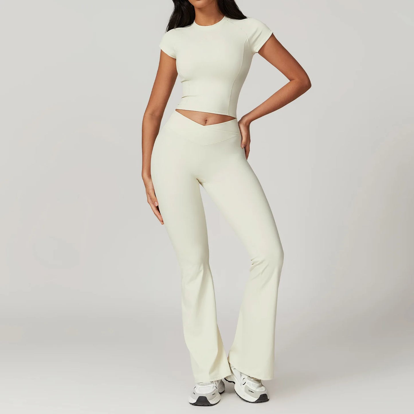 Yoga Set for Women | 2-Piece Short Sleeve Crop Top and High Waisted Leggings Workout Outfit with Quick-Dry Stretch Fabric