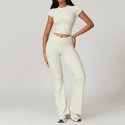Yoga Set for Women | 2-Piece Short Sleeve Crop Top and High Waisted Leggings Workout Outfit with Quick-Dry Stretch Fabric
