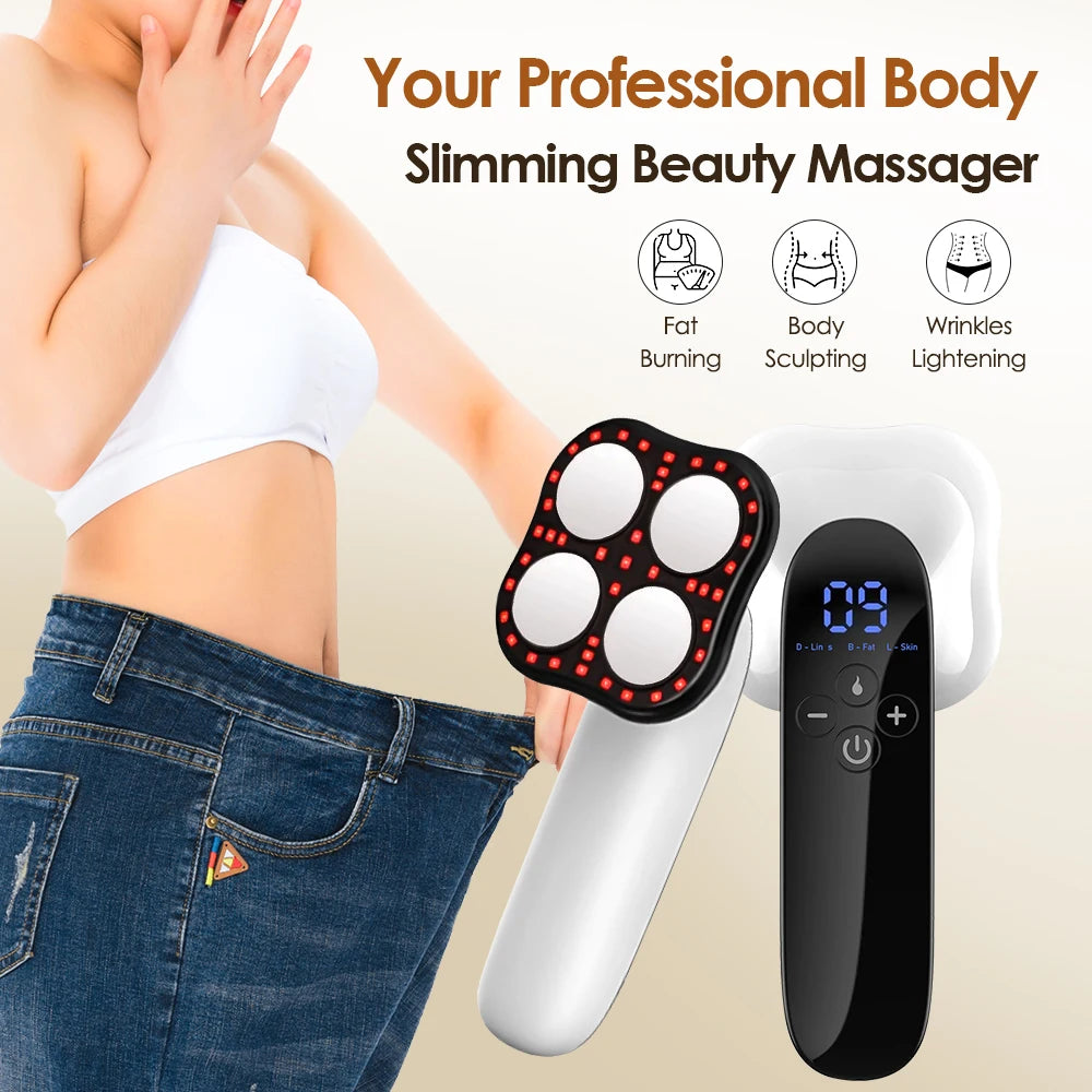 Body Slimming Massager with RF, Red Light, Microcurrent | 10 Levels, 3 Modes, Heat Therapy | Fat Burning & Skin Tightening Device for Arms, Legs, Waist