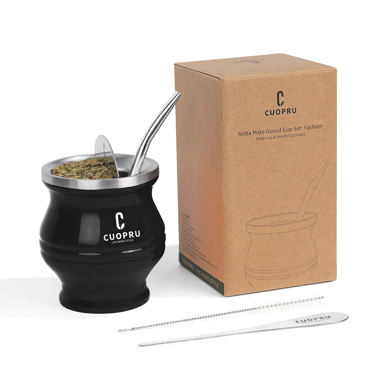 Premium Stainless Steel Yerba Mate Cup | Double-Wall Insulated Mate Gourd Set with Bombilla Straw Black