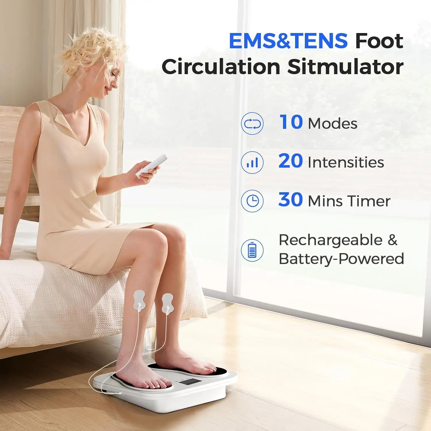 EMS Foot Massager for Neuropathy & Plantar Fasciitis | TENS Circulation Machine with 10 Modes & 20 Intensities