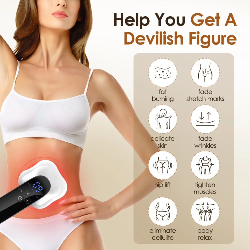 Body Slimming Massager with RF, Red Light, Microcurrent | 10 Levels, 3 Modes, Heat Therapy | Fat Burning & Skin Tightening Device for Arms, Legs, Waist
