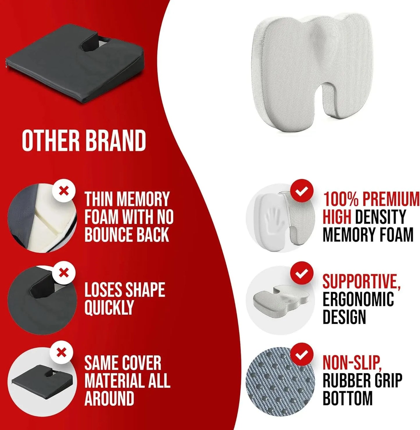 Ergonomic Seat Cushion for Tailbone Pain Relief | Memory Foam Coccyx Pillow for Office Chair, Hemorrhoid & Sciatica Support