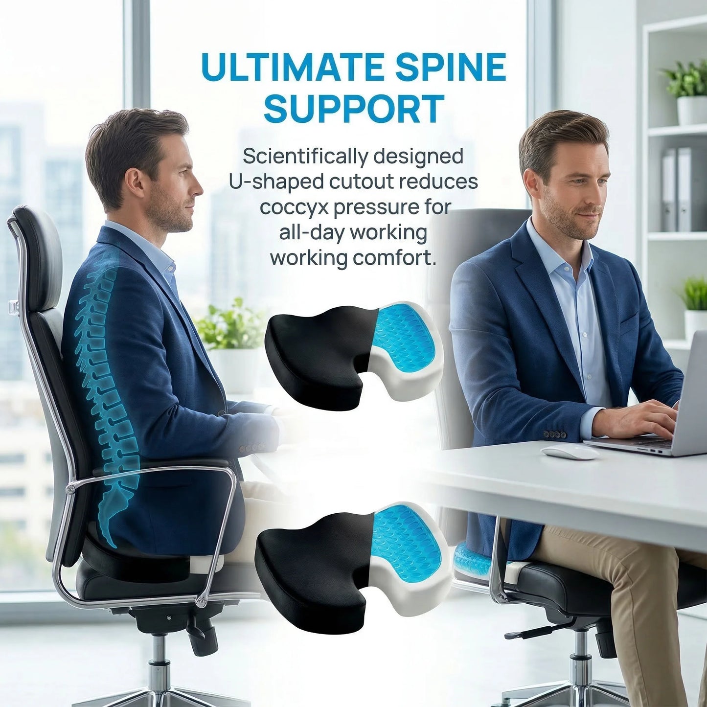 Cooling Gel Seat Cushion for Office Chair | Memory Foam Coccyx Pillow with Non-Slip Base for Tailbone & Back Pain Relief