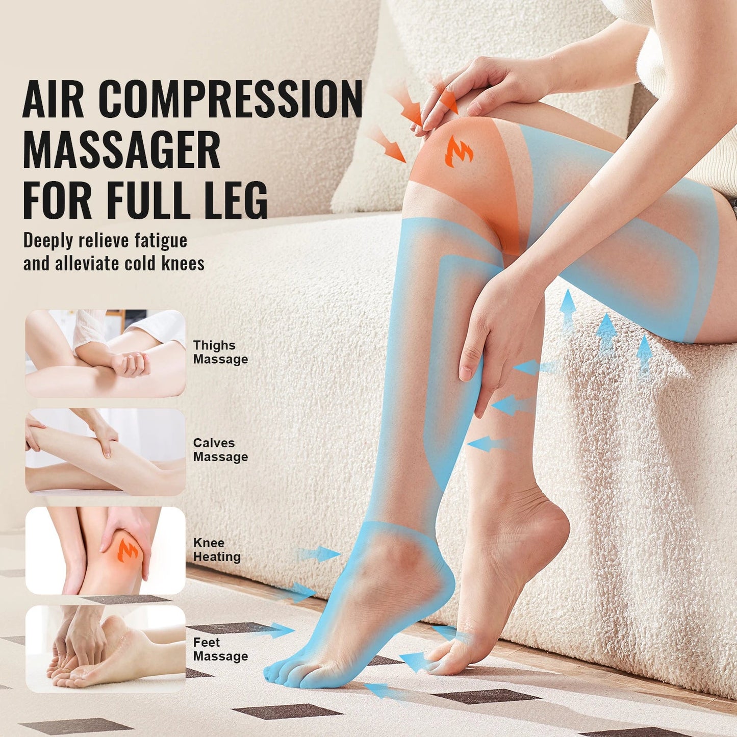 Leg Compression Massager with Heat | Full Leg Foot Calf Thigh Massager with Air Compression, 3 Modes, 3 Intensities, Knee Heating