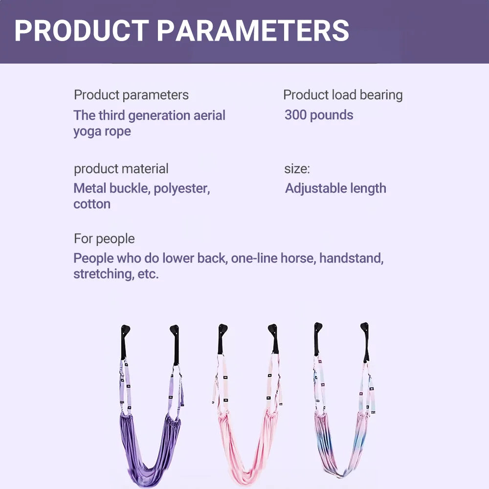 Adjustable Aerial Yoga Strap – Metal-Buckle Stretch Belt for Splits, Inversions & Backbends, Cotton-Blend, Pink/Green/Purple