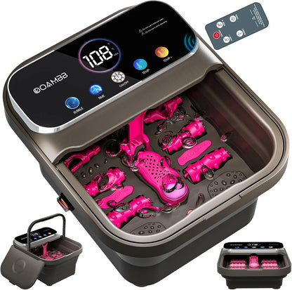 Collapsible Foot Spa with Heat & Bubbles | Foot Bath Massager with Temperature Control, Remote, Rollers & Pedicure Stone