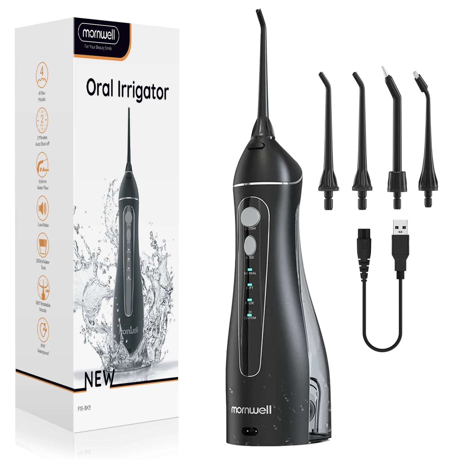 Cordless Water Flosser | Portable Oral Irrigator for Teeth Cleaning | 200ML Tank, 4 Nozzles, Rechargeable, IPX7 Waterproof, 3 Modes