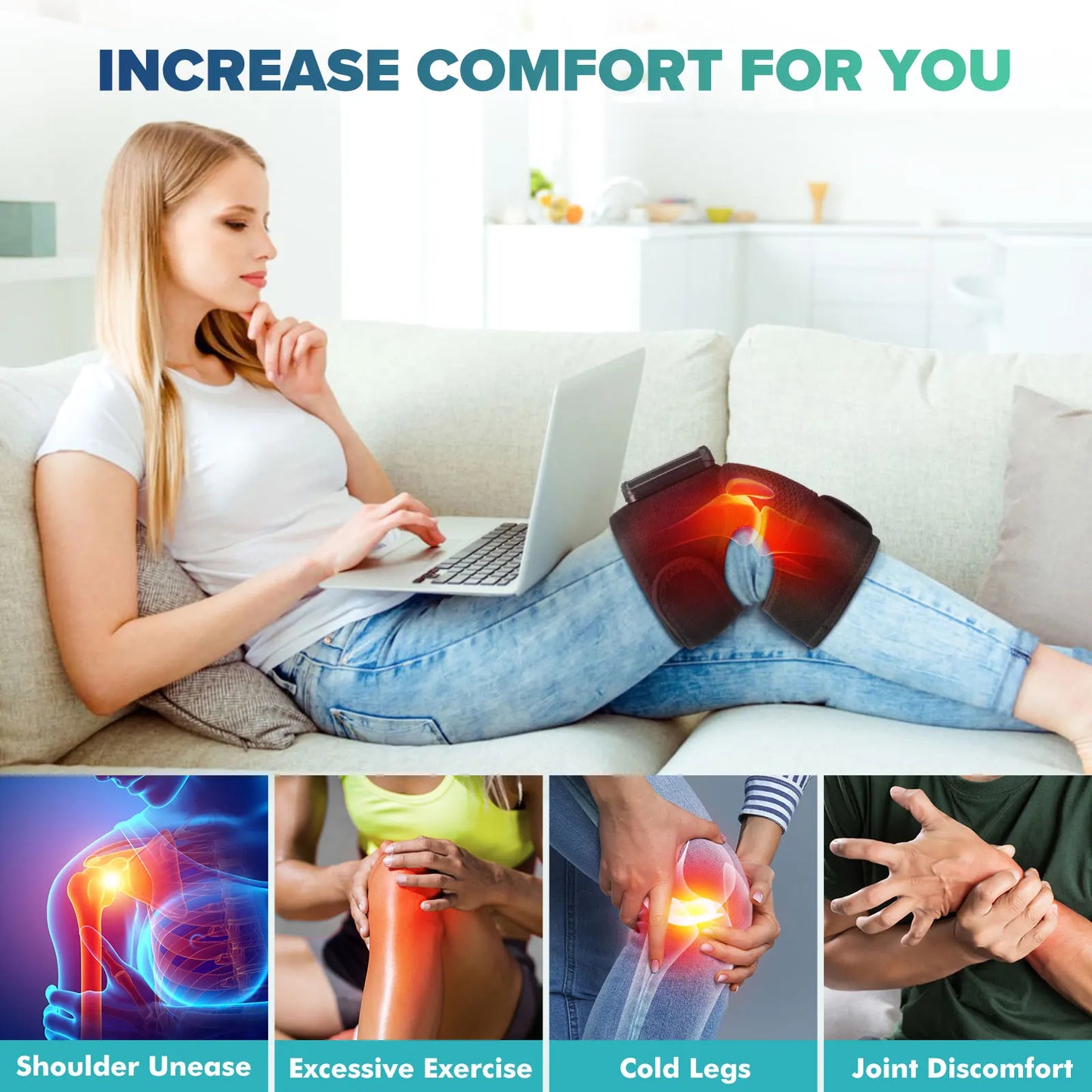 Knee Heating & Vibration Massager | 3-in-1 Hot Compress Pad for Knee, Shoulder, Elbow | 4000mAh Rechargeable, 3 Heat Levels