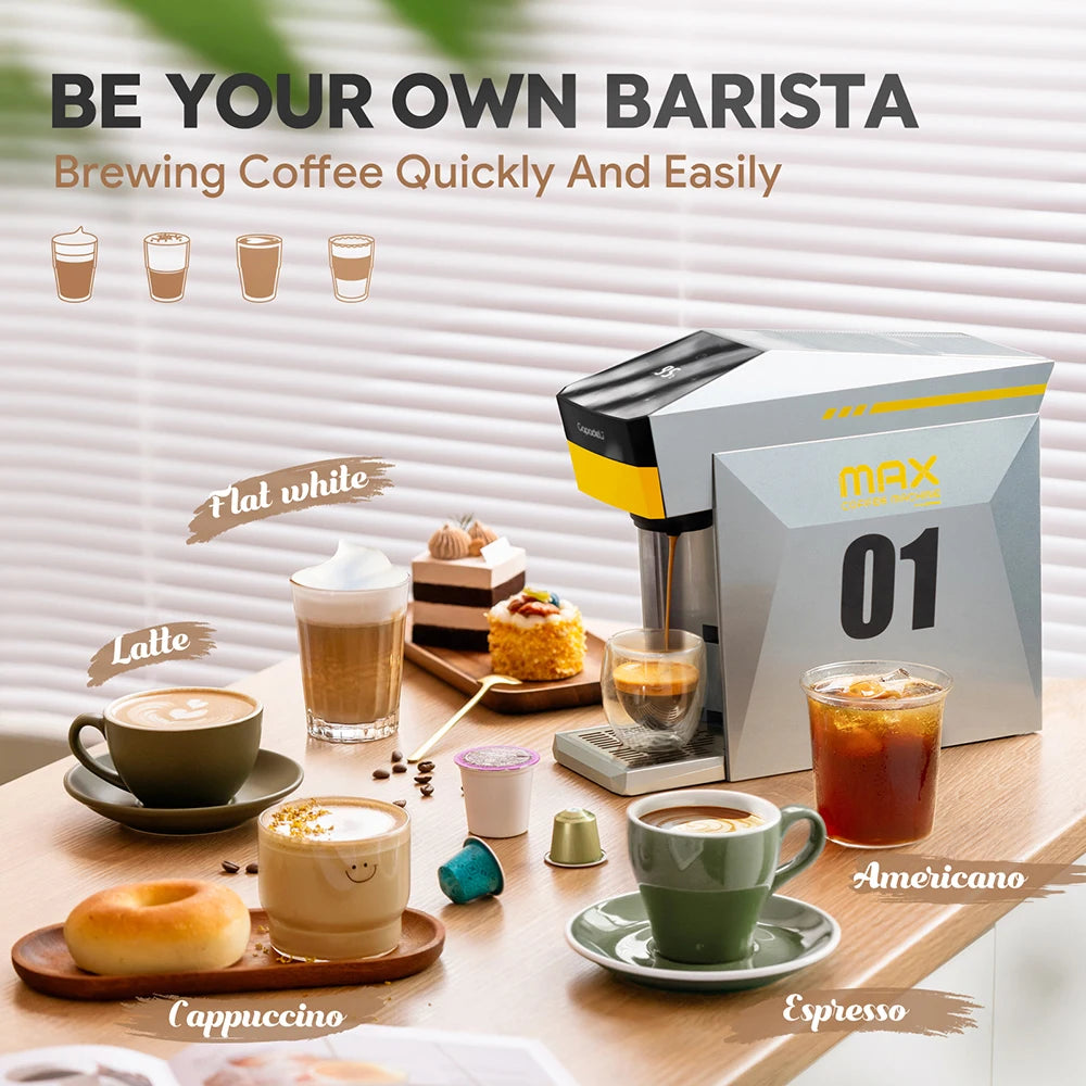 4-in-1 Capsule Coffee Machine – 19-Bar Espresso Maker, Fits Nespresso*, Dolce Gusto*, K-Cup* & Ground Coffee, Hot-Water Mode