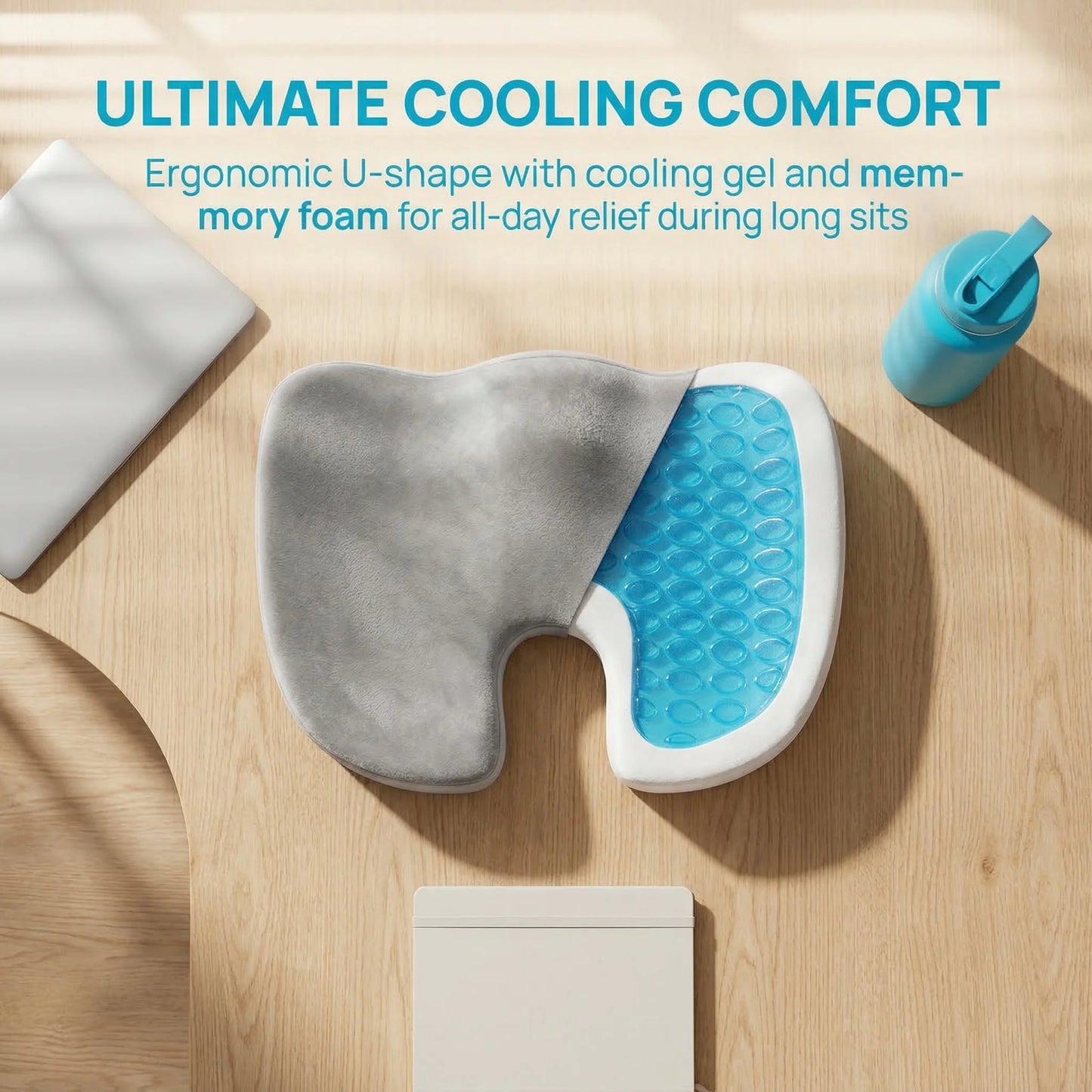 Cooling Gel Seat Cushion for Office Chair | Memory Foam Coccyx Pillow with Non-Slip Base for Tailbone & Back Pain Relief
