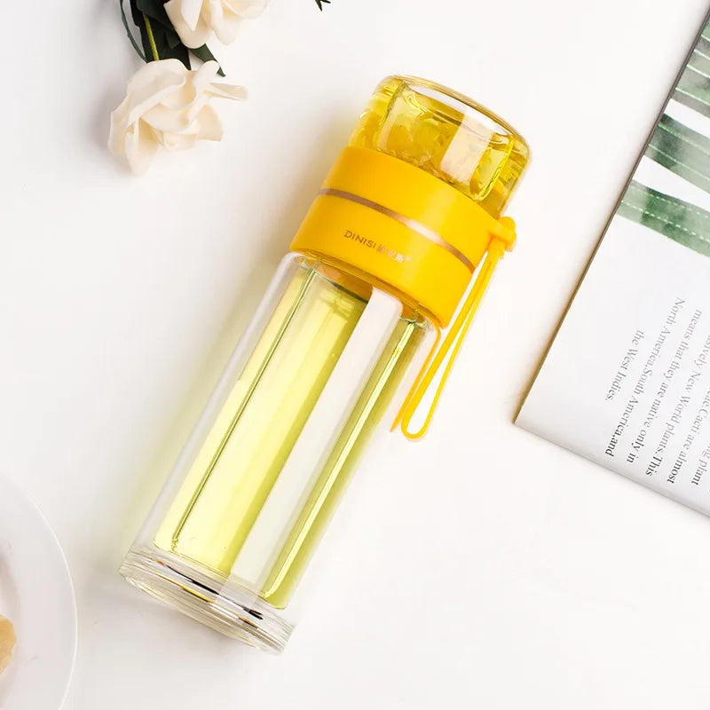 Glass Tea Infuser Bottle 13.5 oz | Double-Wall Borosilicate Glass with Stainless Steel Filter & Tea Separation | Portable Water Cup with Lid Yellow