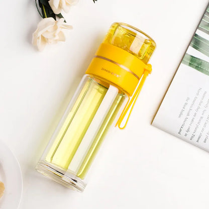 Glass Tea Infuser Bottle 13.5 oz | Double-Wall Borosilicate Glass with Stainless Steel Filter & Tea Separation | Portable Water Cup with Lid Yellow