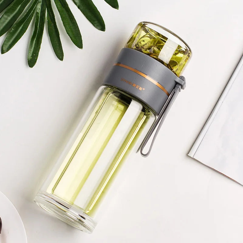 Glass Tea Infuser Bottle 13.5 oz | Double-Wall Borosilicate Glass with Stainless Steel Filter & Tea Separation | Portable Water Cup with Lid Grey