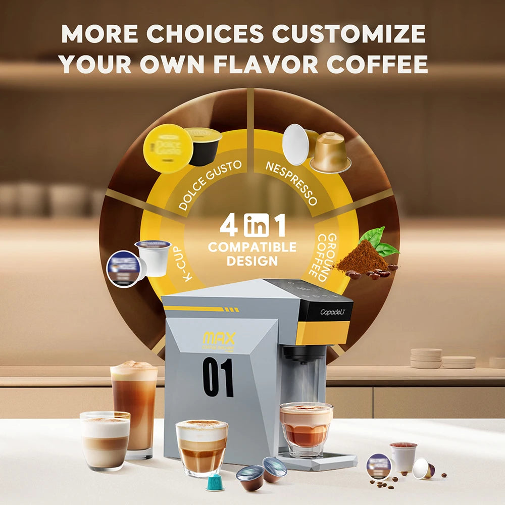 4-in-1 Capsule Coffee Machine – 19-Bar Espresso Maker, Fits Nespresso*, Dolce Gusto*, K-Cup* & Ground Coffee, Hot-Water Mode