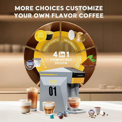 4-in-1 Capsule Coffee Machine – 19-Bar Espresso Maker, Fits Nespresso*, Dolce Gusto*, K-Cup* & Ground Coffee, Hot-Water Mode