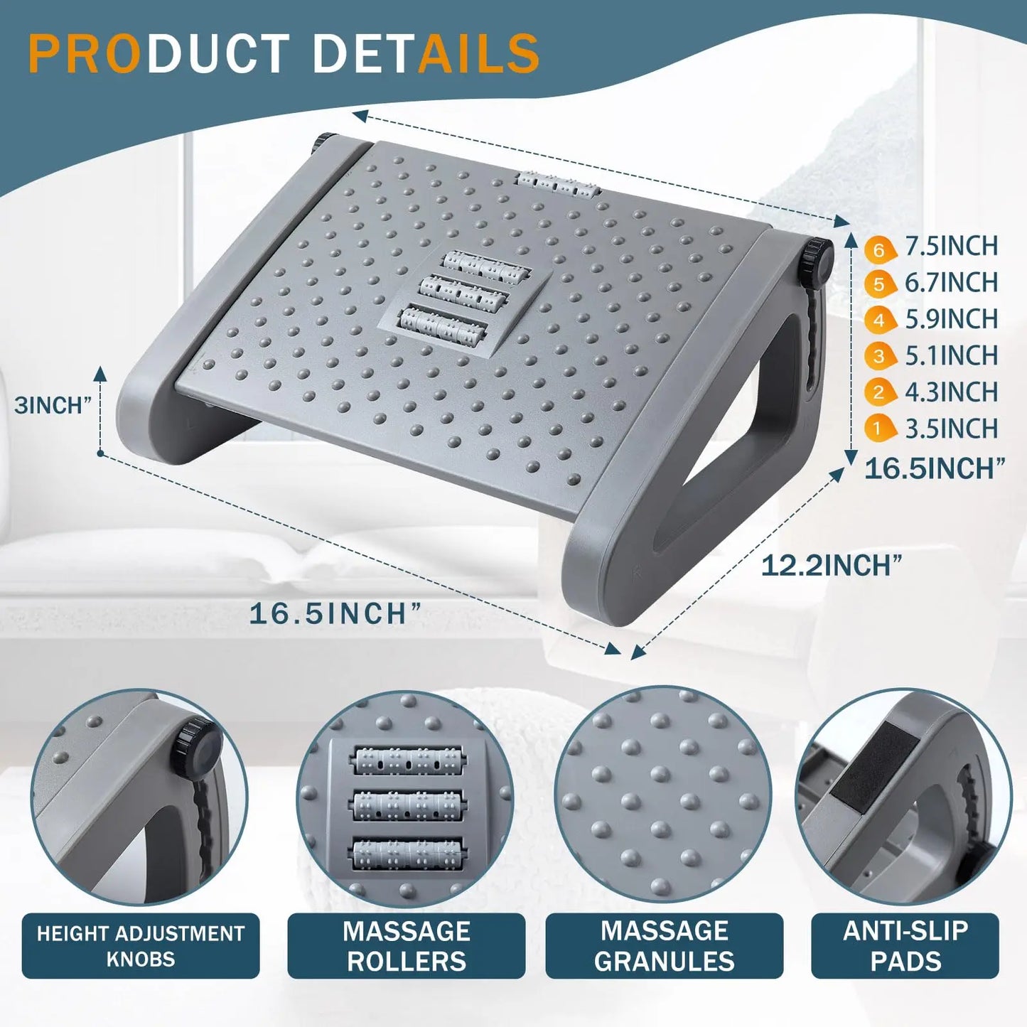 Adjustable Under Desk Foot Rest | Ergonomic Foot Stool for Posture & Back Pain Relief