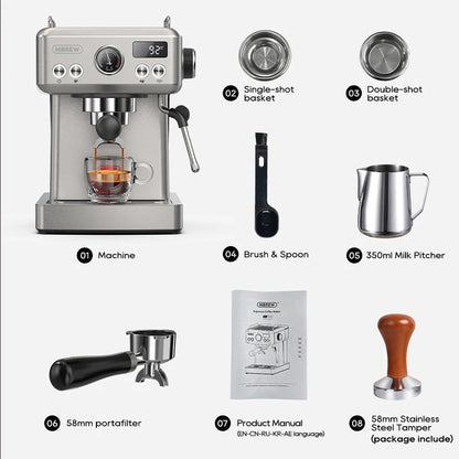 Semi Automatic Espresso Machine with Steam Wand | 20-Bar Pressure, 58mm Portafilter, PID Control | Adjustable Temperature & Cold Brew | 1.8L Tank – H10A