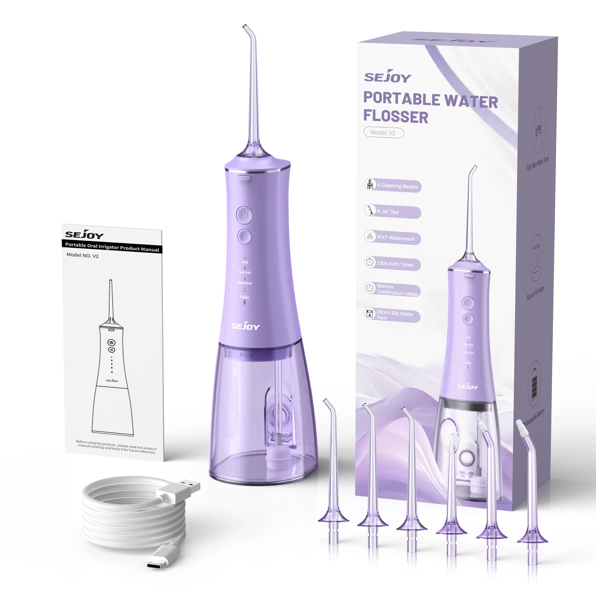 Cordless Water Flosser for Teeth 280ml | 4 Modes, 6 Jets, USB Rechargeable Oral Irrigator | Portable Dental Cleaner for Travel & Home Use Purple