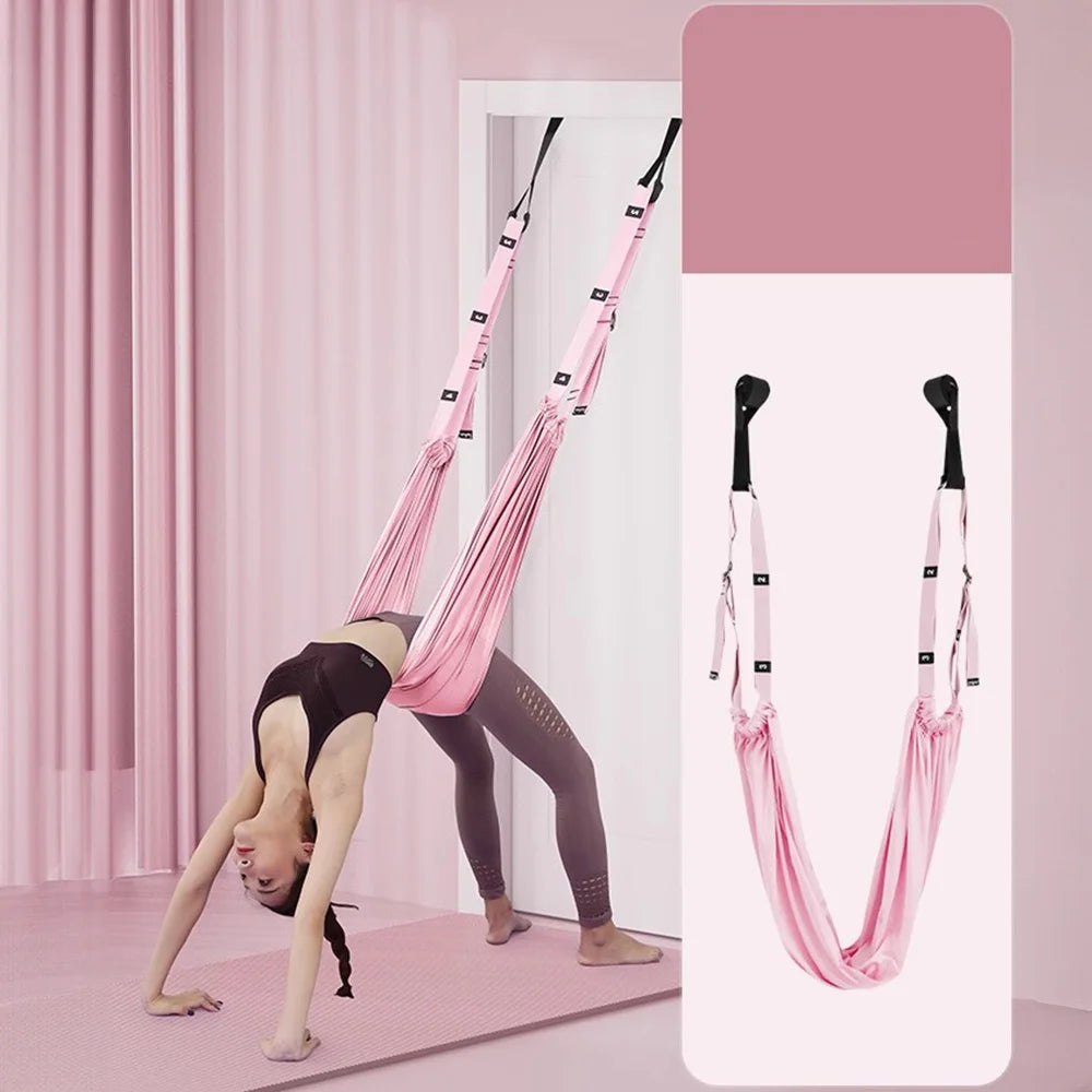 Adjustable Aerial Yoga Strap – Metal-Buckle Stretch Belt for Splits, Inversions & Backbends, Cotton-Blend, Pink/Green/Purple Pink