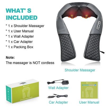 Shiatsu Neck & Shoulder Massager | 8 Nodes | Heat Function | Portable with Car Adapter