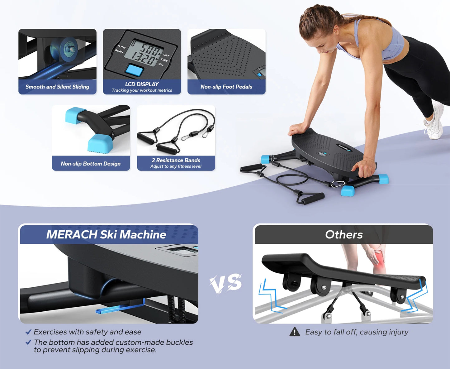 Slide Stepper Ski Machine 440 lb Capacity | Full Body Home Workout with Resistance Bands & LCD Display | No Assembly Required