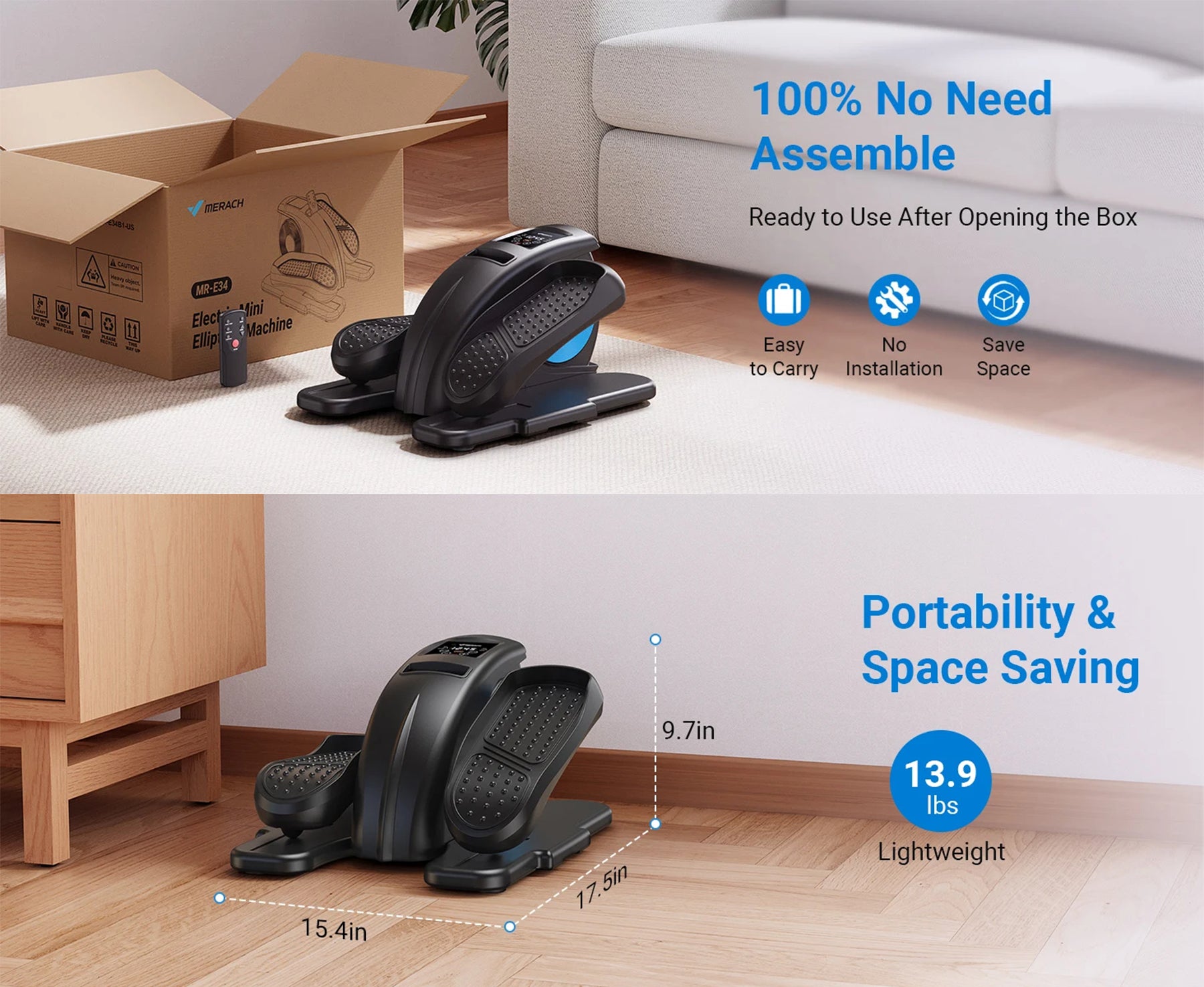 Electric Under Desk Elliptical | Plug-in with Remote | 12 Auto & Manual Speeds | LCD Display