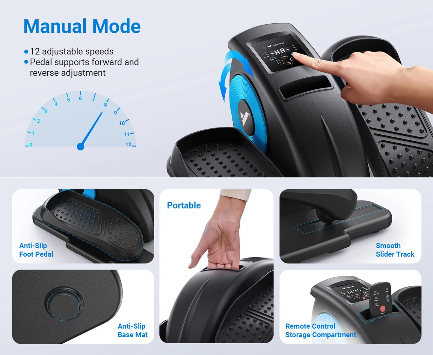 Electric Under Desk Elliptical | Plug-in with Remote | 12 Auto & Manual Speeds | LCD Display