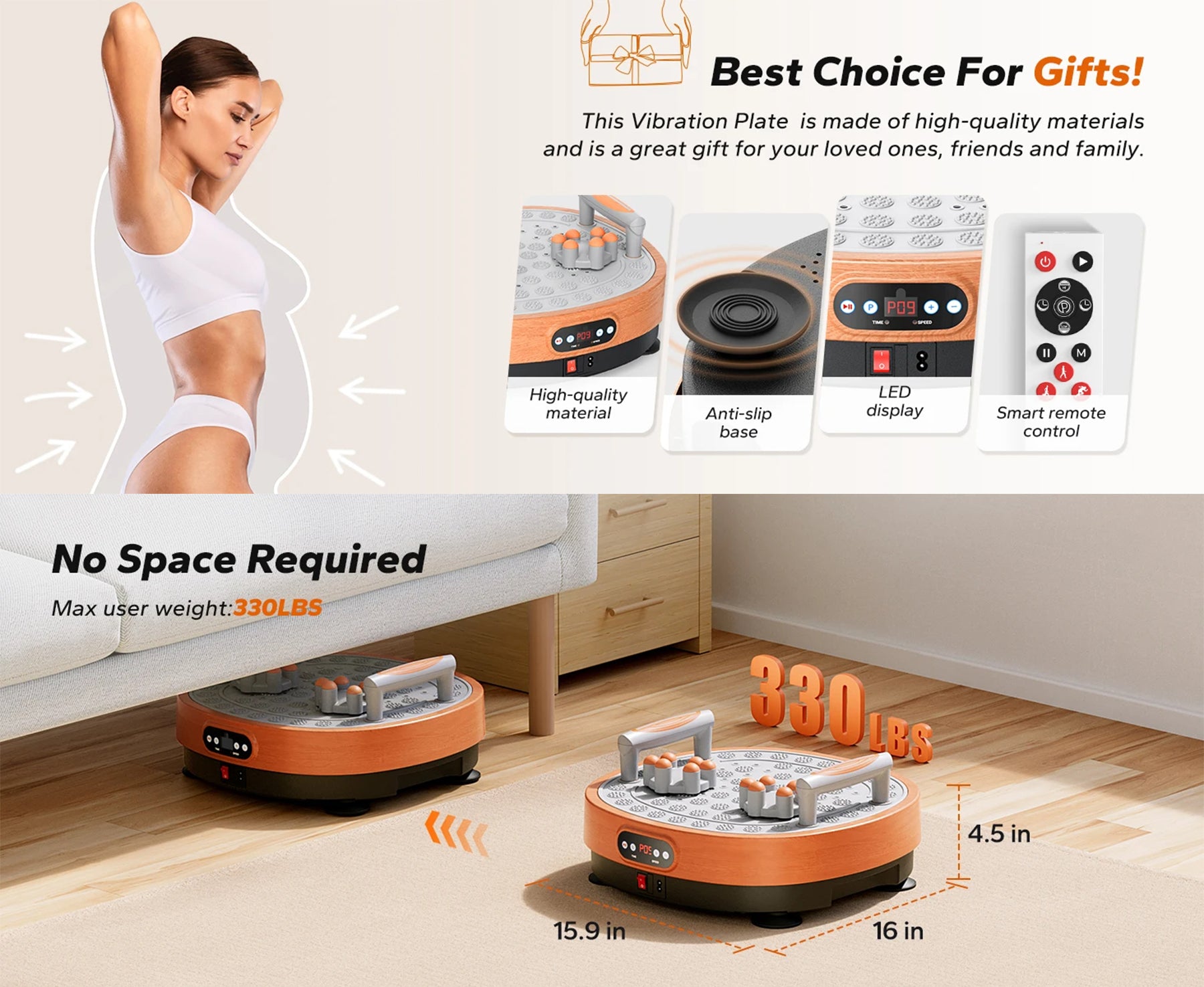 Whole-Body Vibration Plate | 99 Speeds + 9 Auto Modes | Foot Massage | 330 lb Capacity | Remote + Resistance Accessories