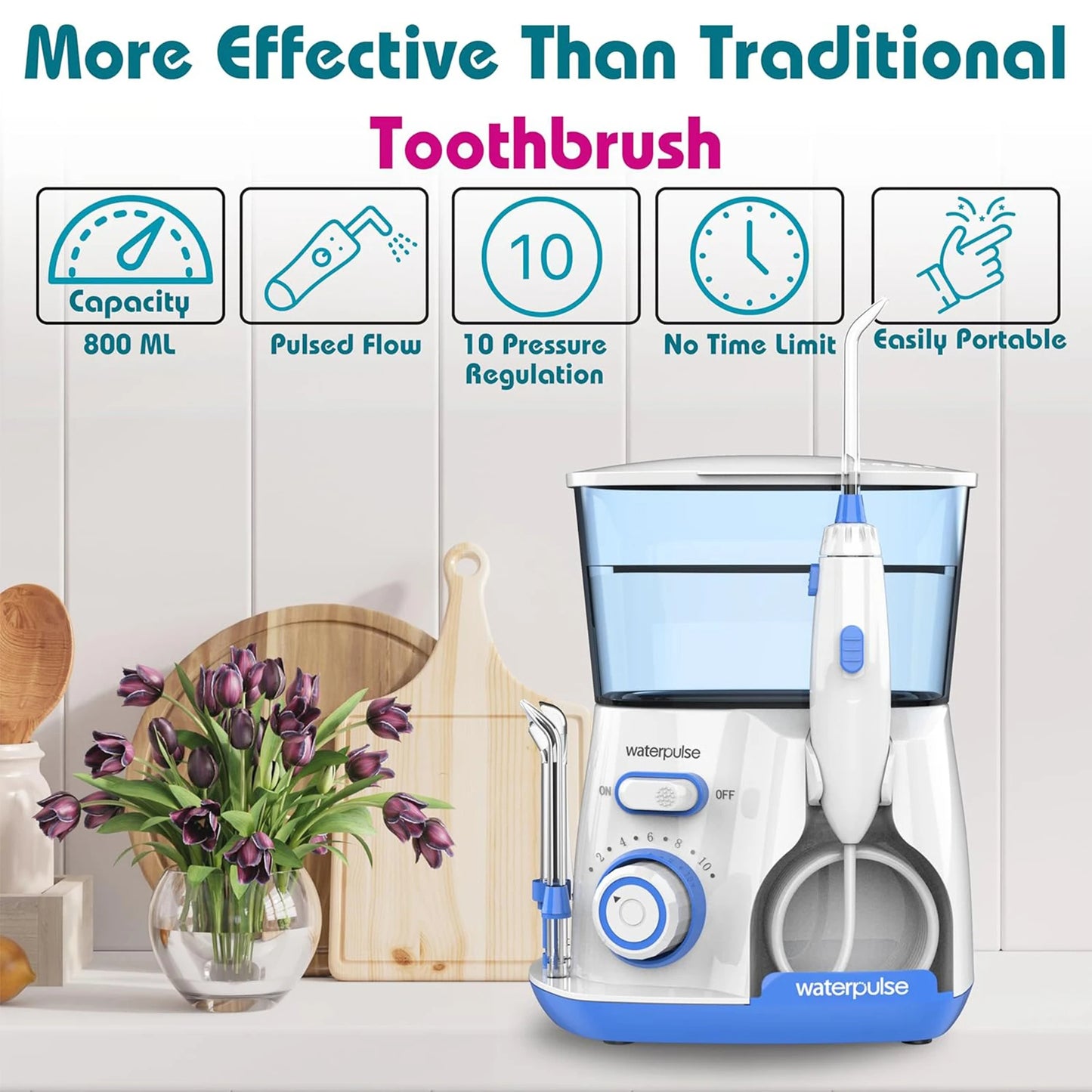 Waterpulse Electric Water Flosser | 800ML Large Tank, 10 Pressure Levels, 5 Tips | Professional Oral Irrigator