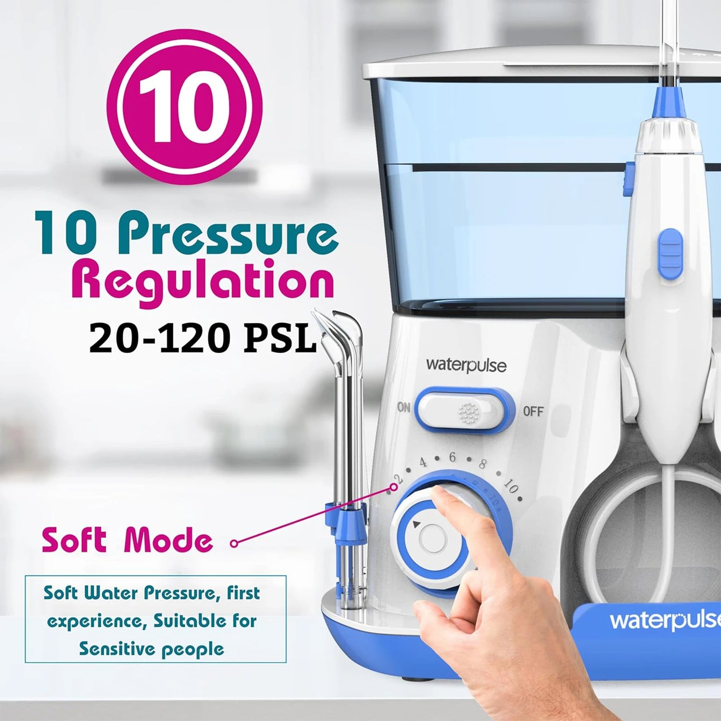 Waterpulse Electric Water Flosser | 800ML Large Tank, 10 Pressure Levels, 5 Tips | Professional Oral Irrigator
