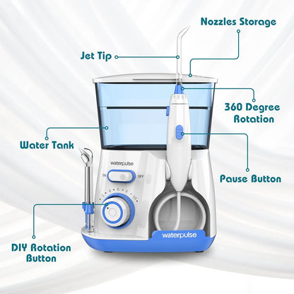 Waterpulse Electric Water Flosser | 800ML Large Tank, 10 Pressure Levels, 5 Tips | Professional Oral Irrigator