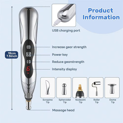 Electric Acupuncture Pen – Needle-Free Pain Relief, 9-Level Electro-Stim, 5 Therapy Heads, USB-C Rechargeable