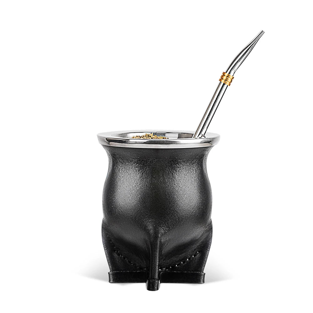 Ceramic Yerba Mate Gourd Cup | Porcelain Mate Tea Cup with Bombilla Straw & Cleaning Brush for Loose Leaf Tea Black