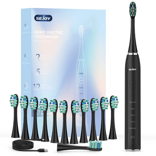 Sonic Electric Toothbrush for Adults | 37,200 VPM, 5 Modes | 12 Brush Heads, 30-Day Battery, IPX7 Waterproof, 2-Minute Timer Black