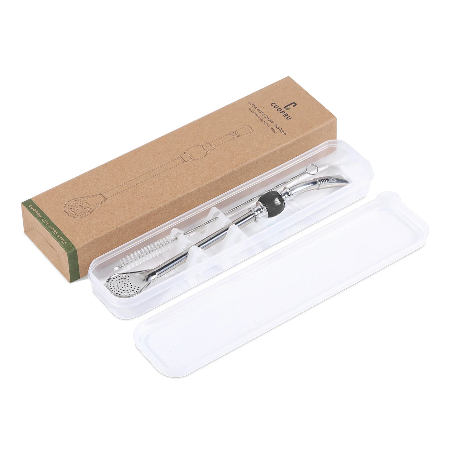 Stainless Steel Bombilla Straw Set | Reusable Yerba Mate Filter Straws with Cleaning Brushes Black