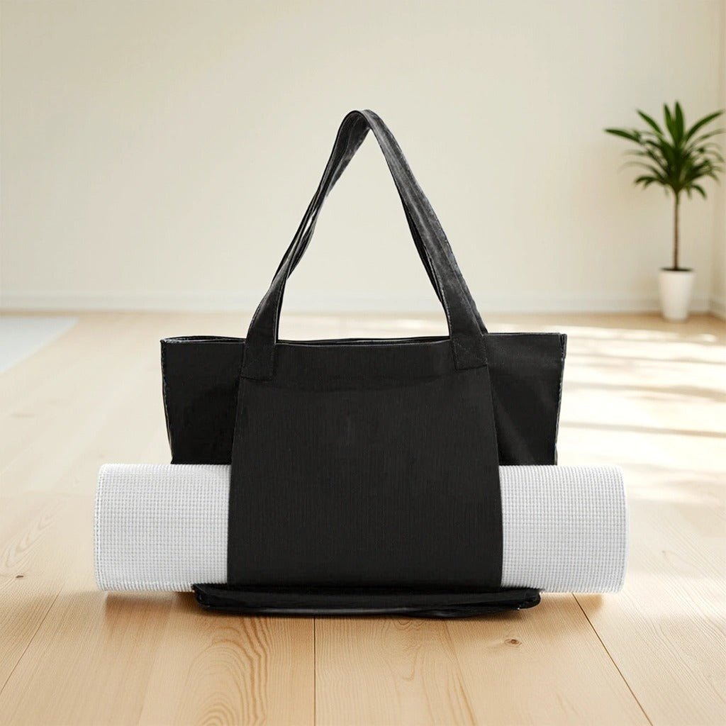 Yoga Mat Carry Tote Bag | Durable Canvas Shoulder Bag with Extra Storage | Fits 24" Yoga Mats, Towels & Bottles Black