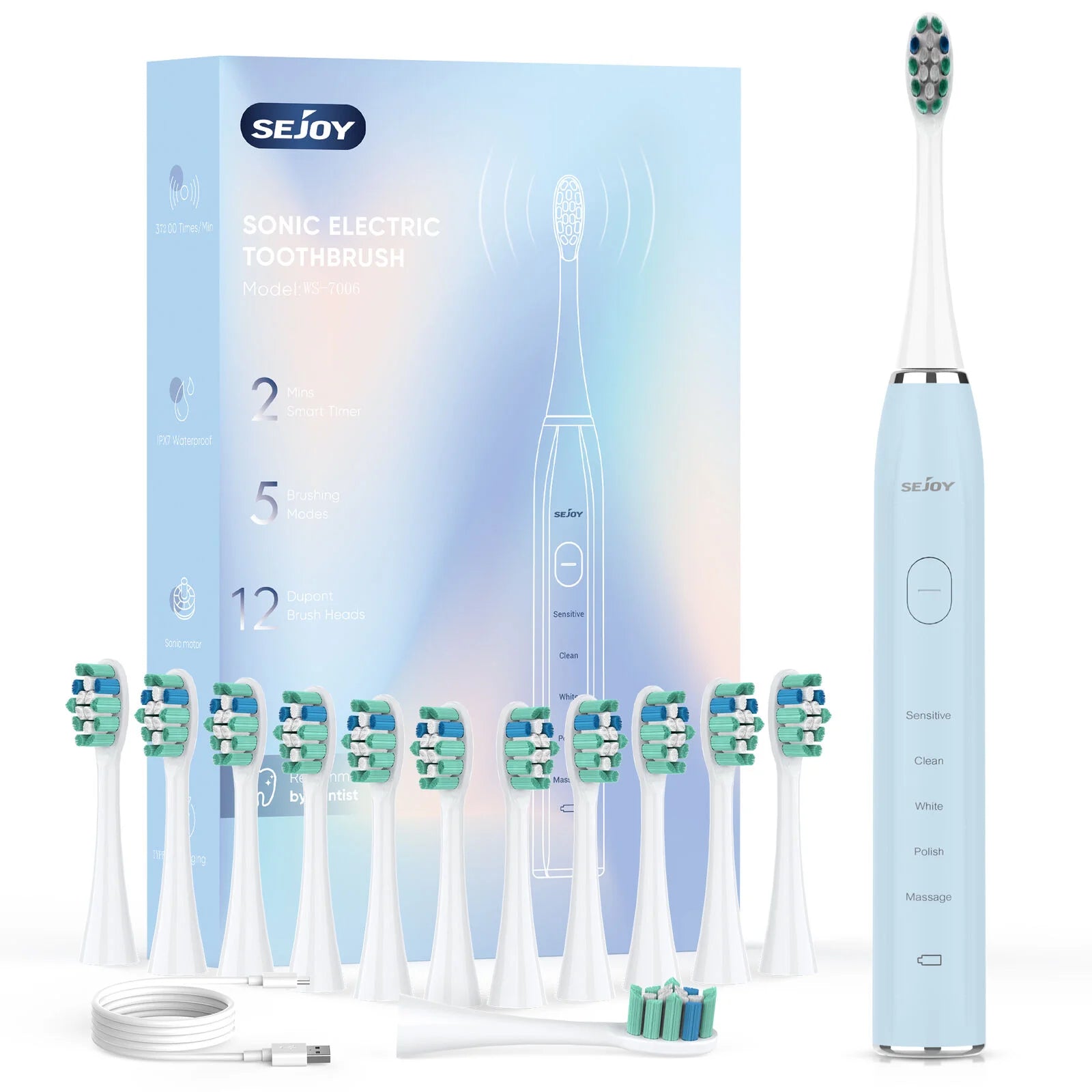 Sonic Electric Toothbrush for Adults | 37,200 VPM, 5 Modes | 12 Brush Heads, 30-Day Battery, IPX7 Waterproof, 2-Minute Timer Blue