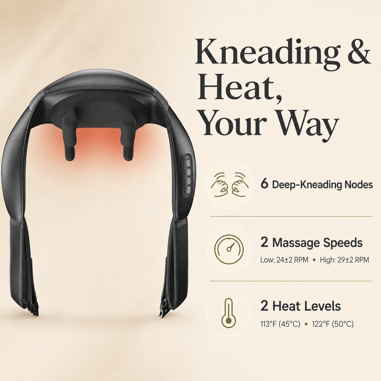 Cordless Shiatsu Neck and Shoulder Massager with Heat | 6 Kneading Nodes, 2 Speeds, 2 Heat Levels, Hands-Free Strap & 90-Minute Runtime