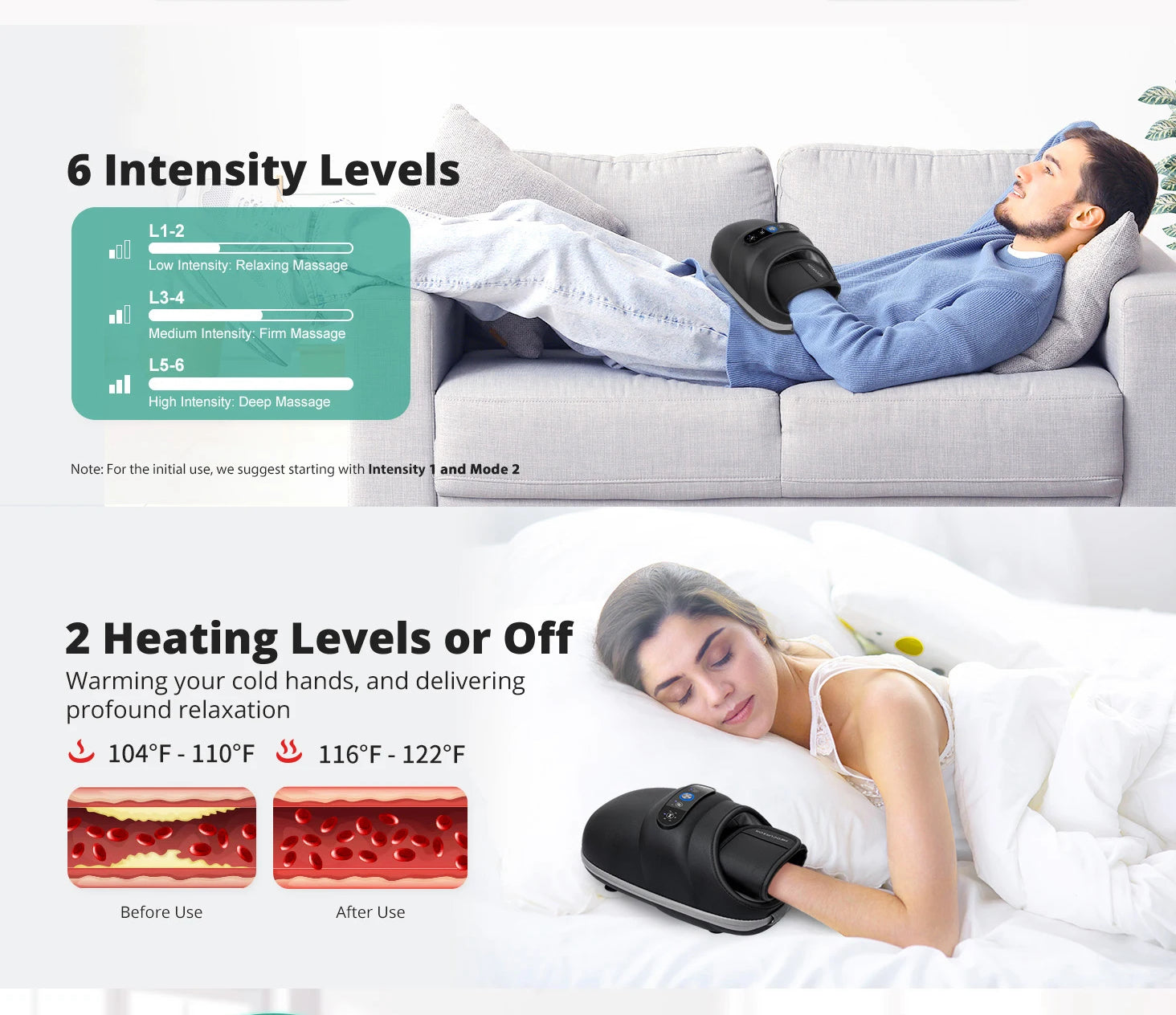 Cordless Hand Massager – 6 Modes, 6 Intensities, Air Compression & Acupressure, Dual Heat 104–122 °F, USB-C Rechargeable