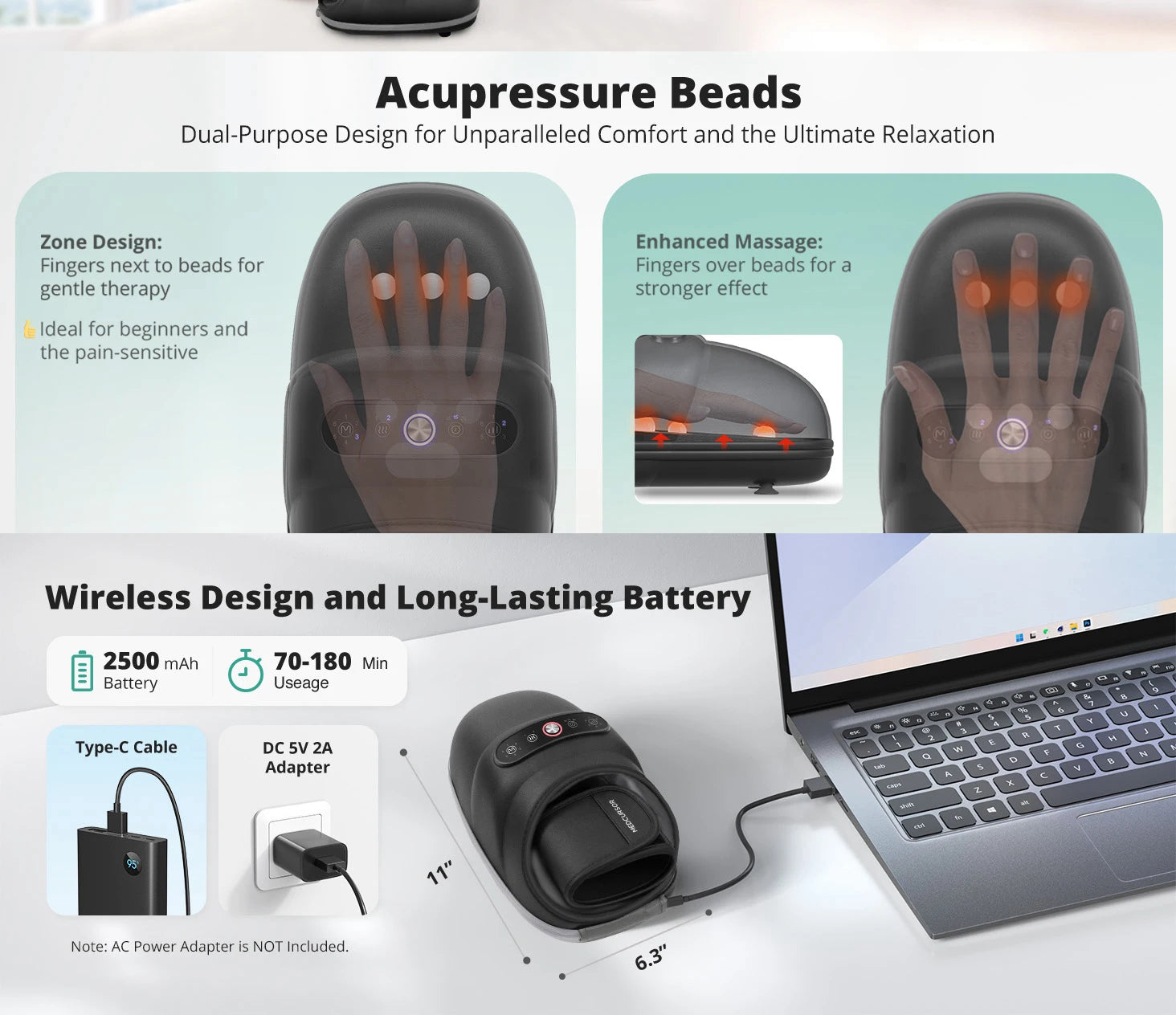 Cordless Hand Massager – 6 Modes, 6 Intensities, Air Compression & Acupressure, Dual Heat 104–122 °F, USB-C Rechargeable