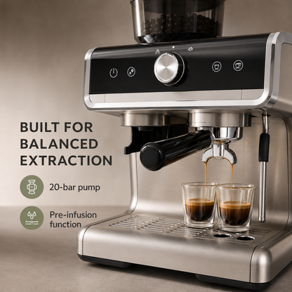 Semi-Automatic Espresso Machine with Built-In Burr Grinder, 20-Bar Pump, 30 Grind Settings, Steam Wand & 94.6 fl oz Tank