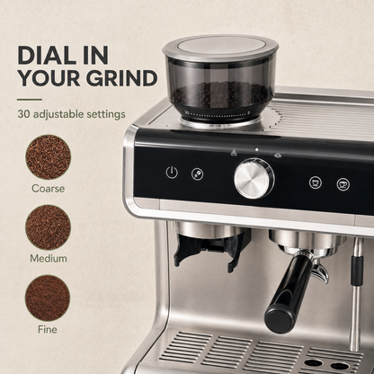 Semi-Automatic Espresso Machine with Built-In Burr Grinder, 20-Bar Pump, 30 Grind Settings, Steam Wand & 94.6 fl oz Tank