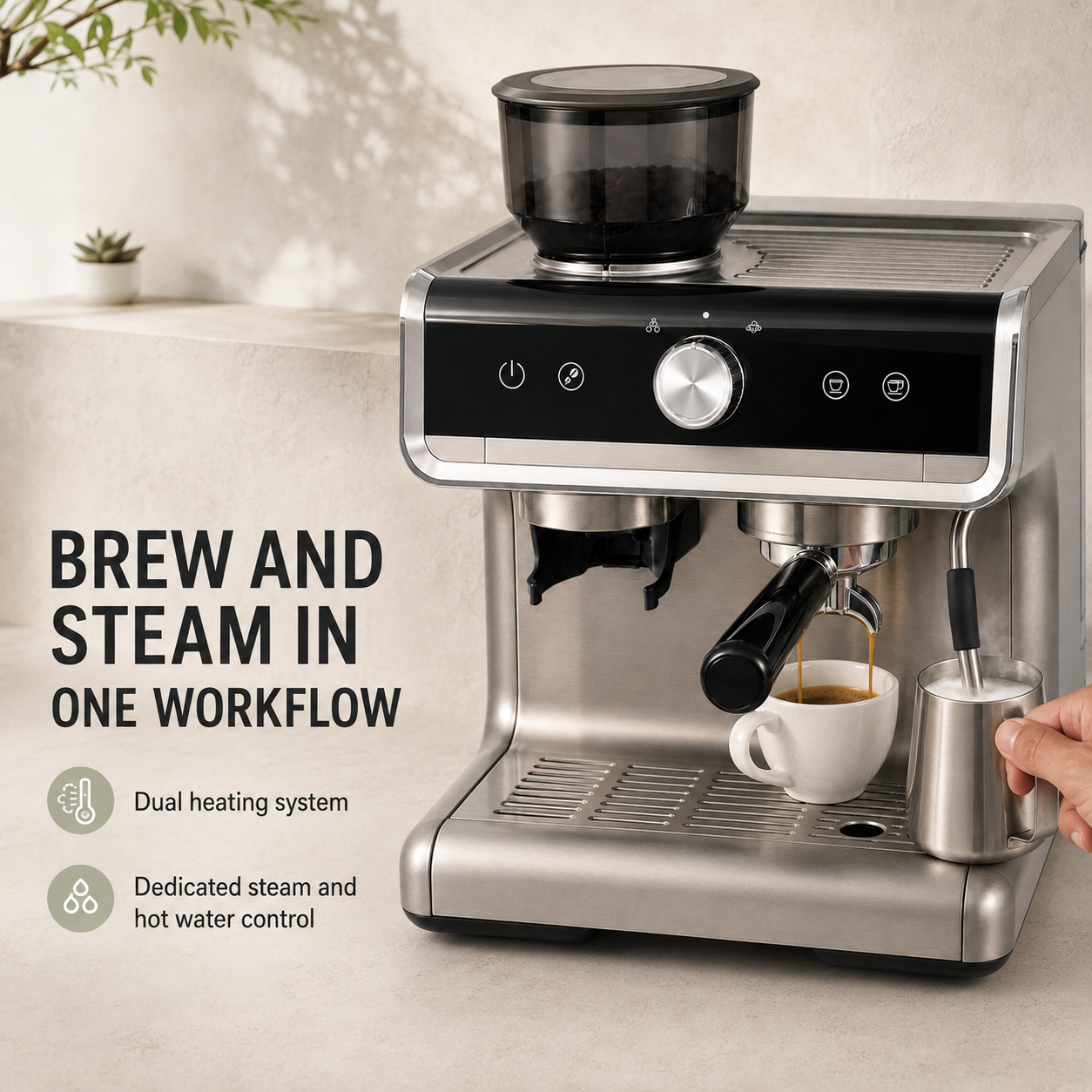 Semi-Automatic Espresso Machine with Built-In Burr Grinder, 20-Bar Pump, 30 Grind Settings, Steam Wand & 94.6 fl oz Tank