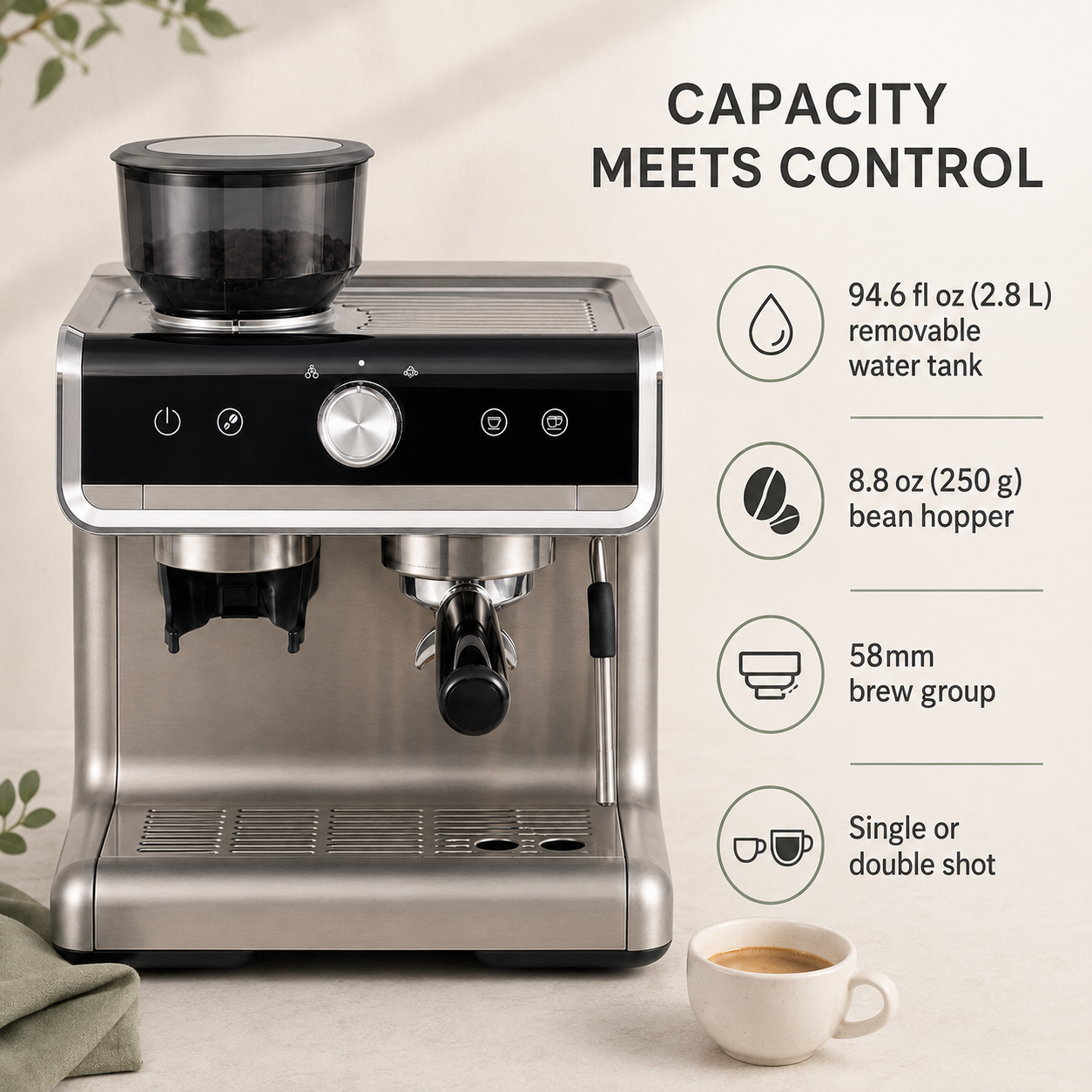 Semi-Automatic Espresso Machine with Built-In Burr Grinder, 20-Bar Pump, 30 Grind Settings, Steam Wand & 94.6 fl oz Tank