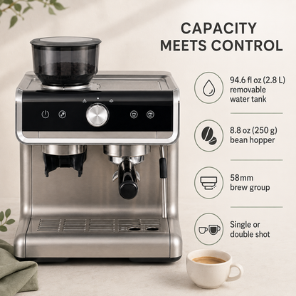 Semi-Automatic Espresso Machine with Built-In Burr Grinder, 20-Bar Pump, 30 Grind Settings, Steam Wand & 94.6 fl oz Tank