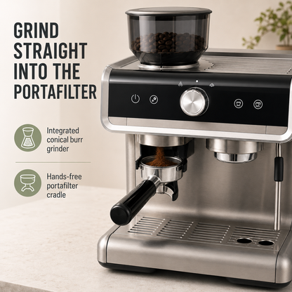Semi-Automatic Espresso Machine with Built-In Burr Grinder, 20-Bar Pump, 30 Grind Settings, Steam Wand & 94.6 fl oz Tank