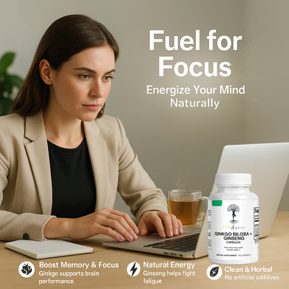 Ginkgo Biloba & Ginseng Capsules | Korean Red Panax Ginseng | Brain Support | Energy Boost | Focus & Memory | Cognitive Health | Vita Asana