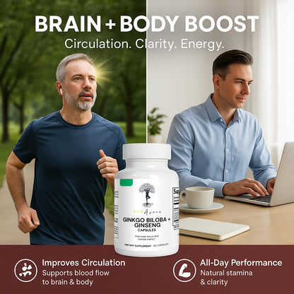 Ginkgo Biloba & Ginseng Capsules | Korean Red Panax Ginseng | Brain Support | Energy Boost | Focus & Memory | Cognitive Health | Vita Asana